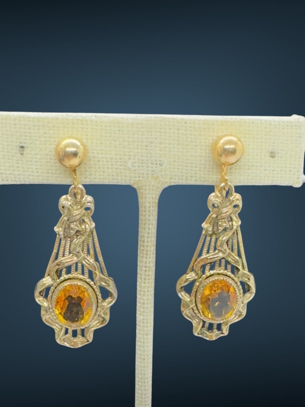 Vintage Art Deco UV Reactive Amber Glass Screw Back Earrings